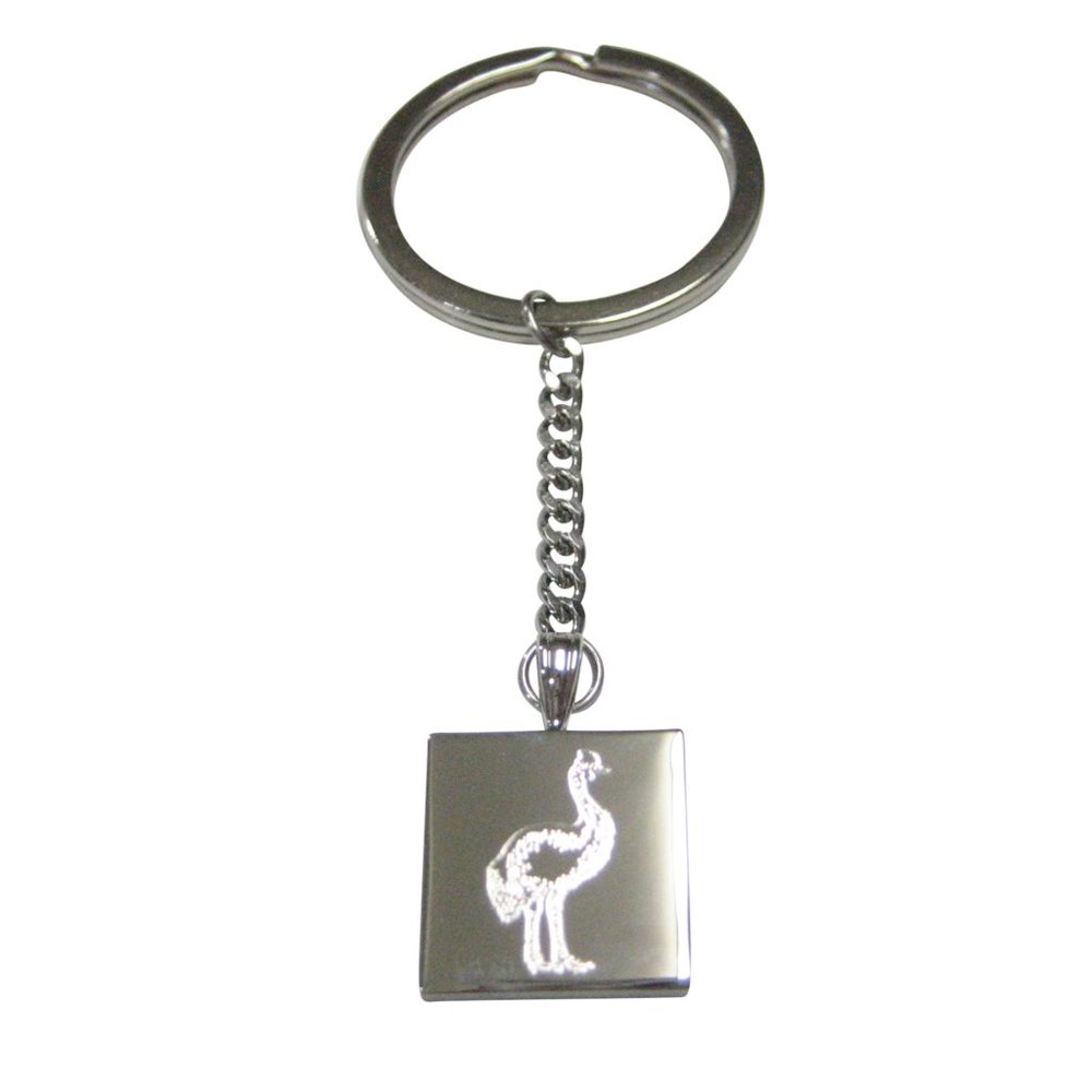 Silver Toned Square Etched Cassowary Bird Pendant Keychain
